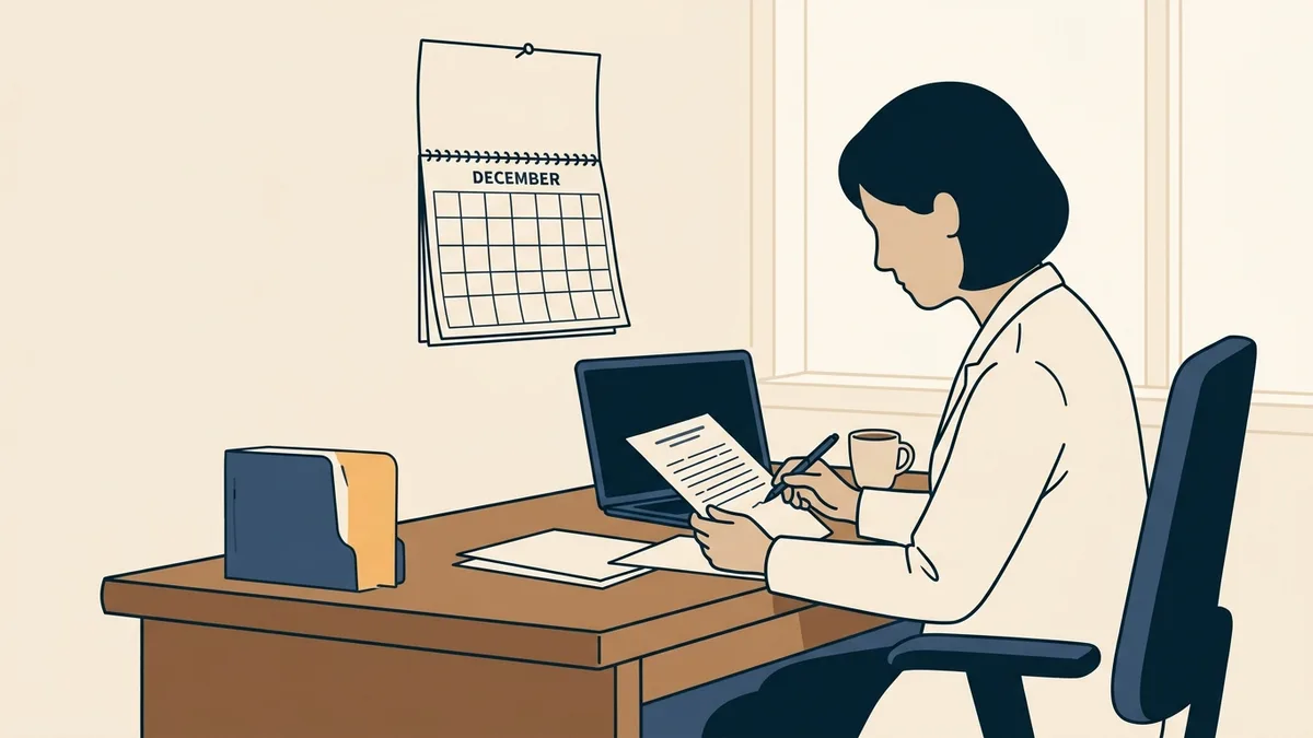 A medical director at a desk in a quiet clinic office reviewing a printed patient roster with a pen, a wall calendar turned to December behind her.