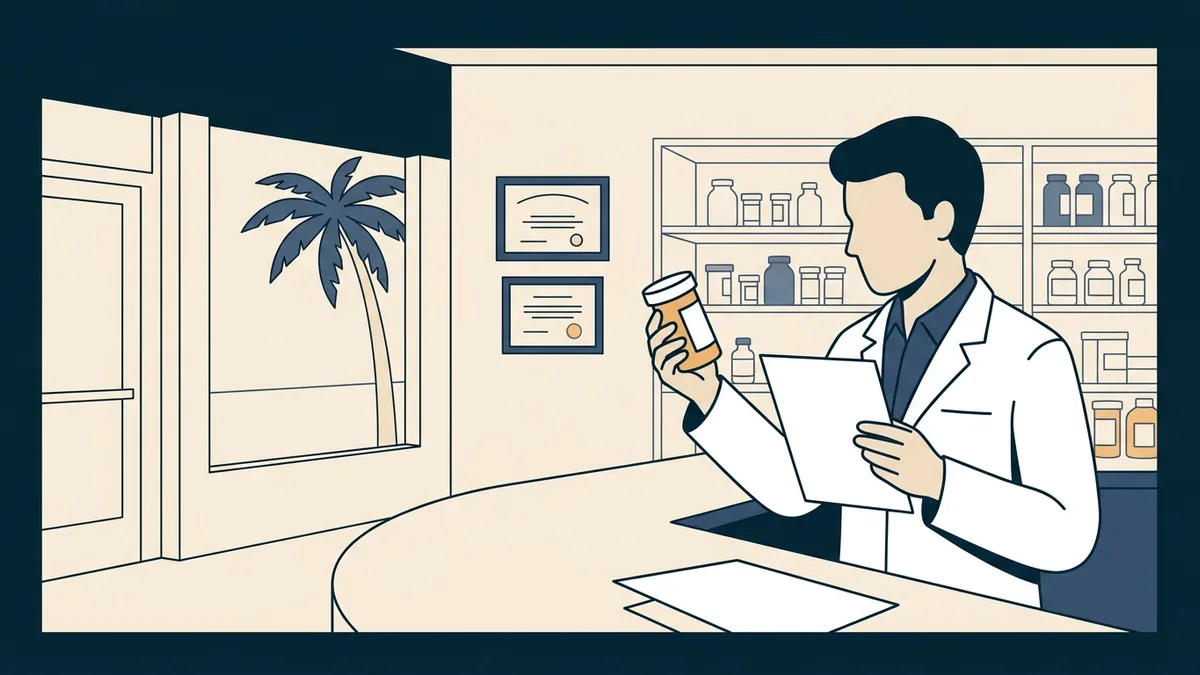 A pharmacist at a community pharmacy counter in Florida checking a prescription bottle against a computer record.