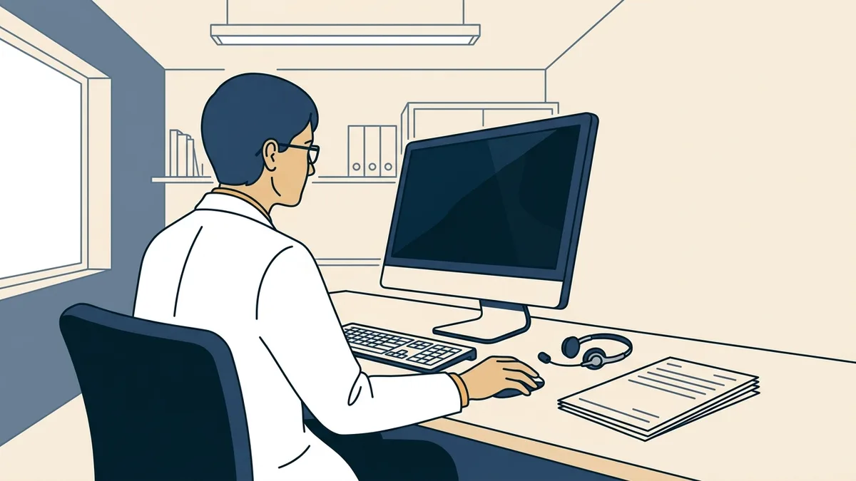 A physician assistant at a workstation in a quiet clinic office, reviewing a patient chart before a video visit.
