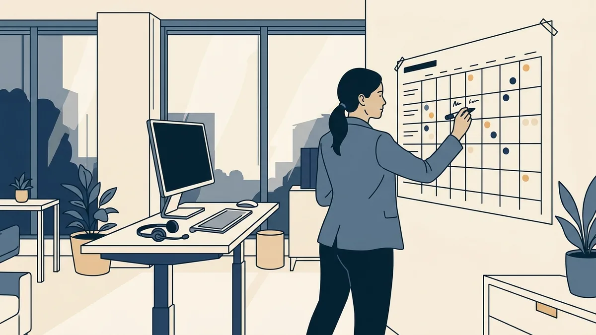 An operations lead marking dates on a large paper wall calendar in a telehealth company office.