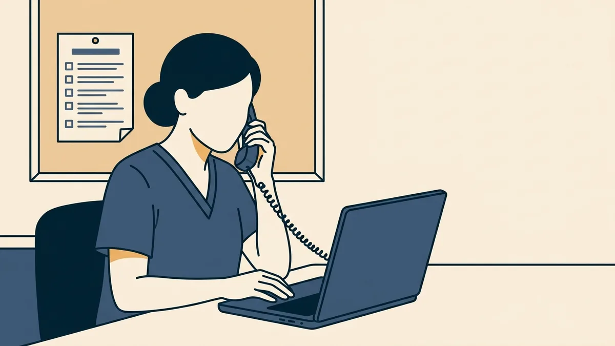 A clinician on a video call holding a desk phone to her ear, calling emergency services for a remote patient.