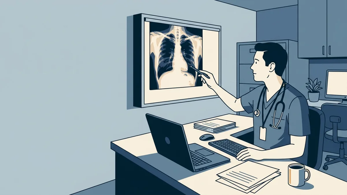 Two physicians on a video consultation, one in a hospital workroom reviewing imaging on a lightbox while the other appears on a laptop.