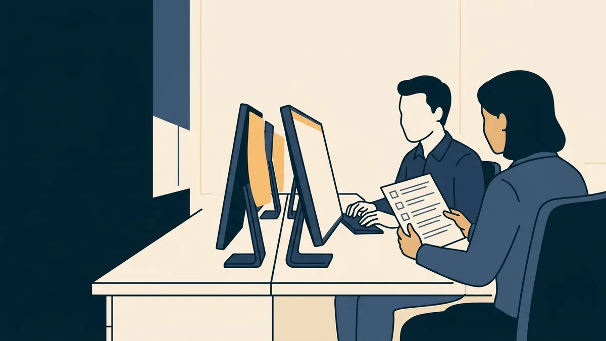A web developer and a privacy officer reviewing a website audit together at a desk with two monitors turned away from view.