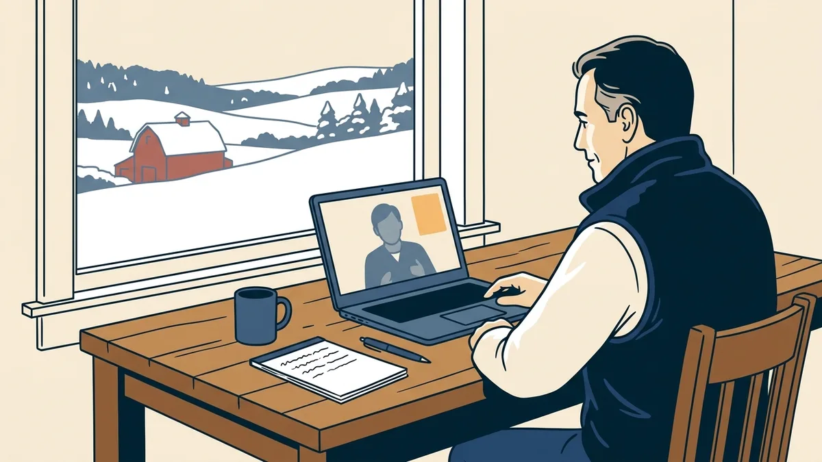 A physician in a home office with a window view of a snowy Vermont hillside, on a video visit with a patient.