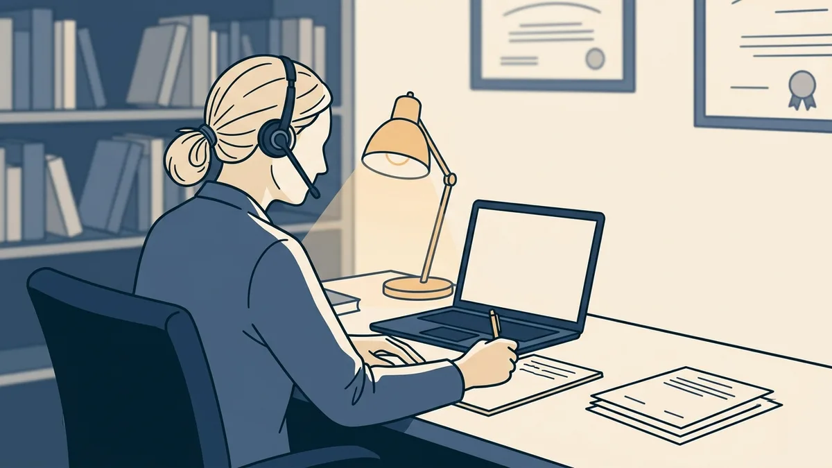 A psychiatric nurse practitioner on a video visit at a desk in a home office, taking notes on a paper pad while listening to a young adult patient.