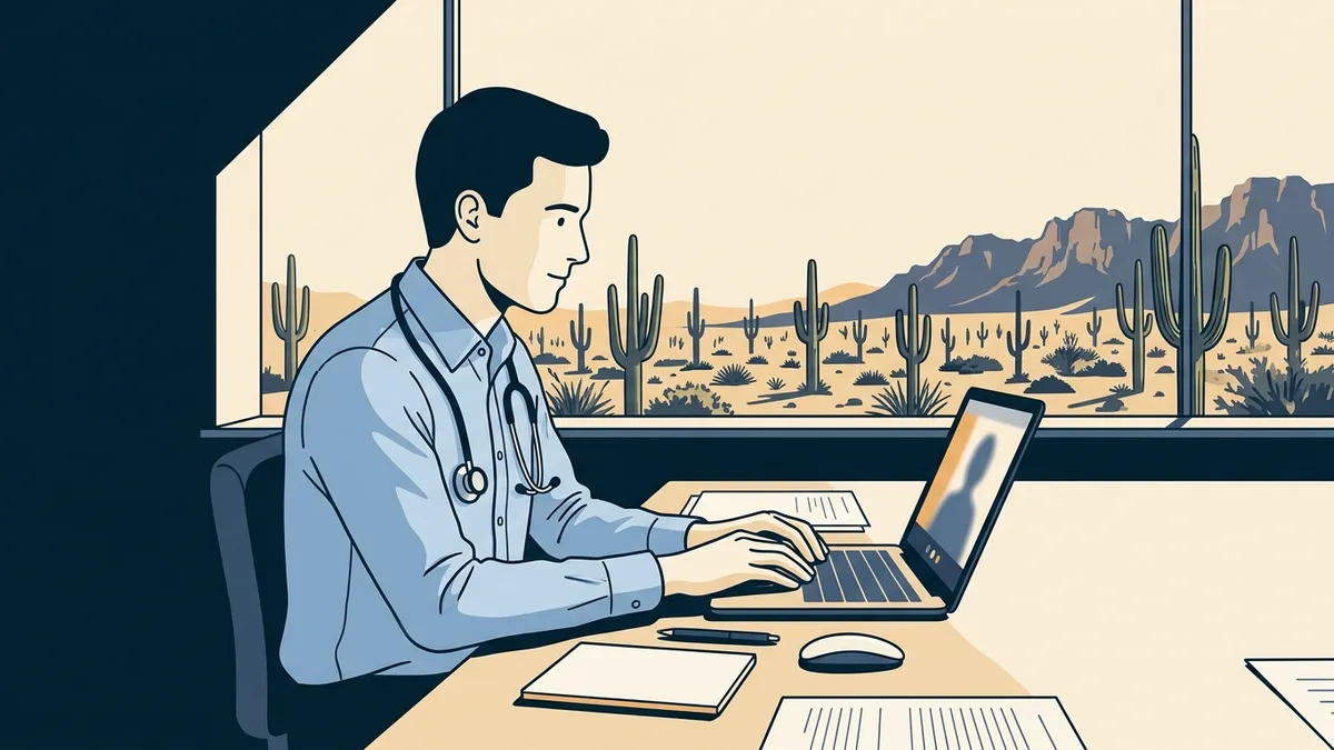 A physician assistant on a video visit in a bright office with a desert landscape and saguaro cactus visible through the window.