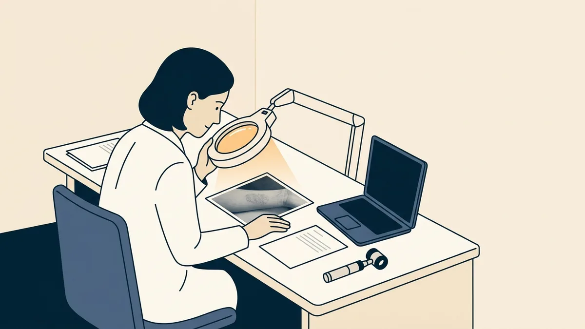 A dermatologist examining a printed close-up photograph of a skin lesion at a desk with a magnifying lamp.