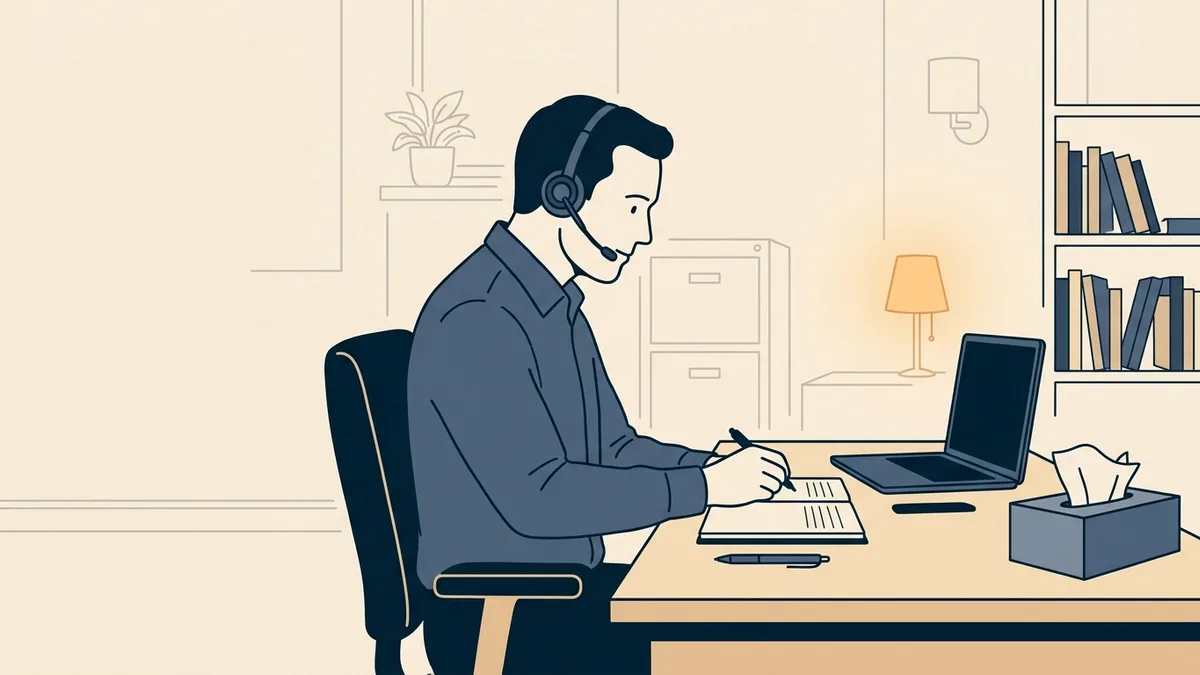 A behavioral health clinician wearing a headset during a phone session, taking notes at a desk.