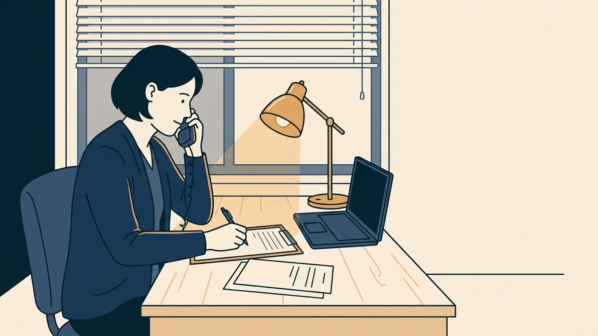 An addiction medicine physician on a phone call at a clinic desk, taking notes on a paper chart.