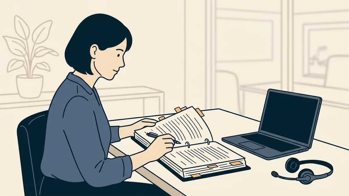 A practice administrator comparing two printed vendor contracts with sticky tabs at a desk next to a closed laptop and a headset.