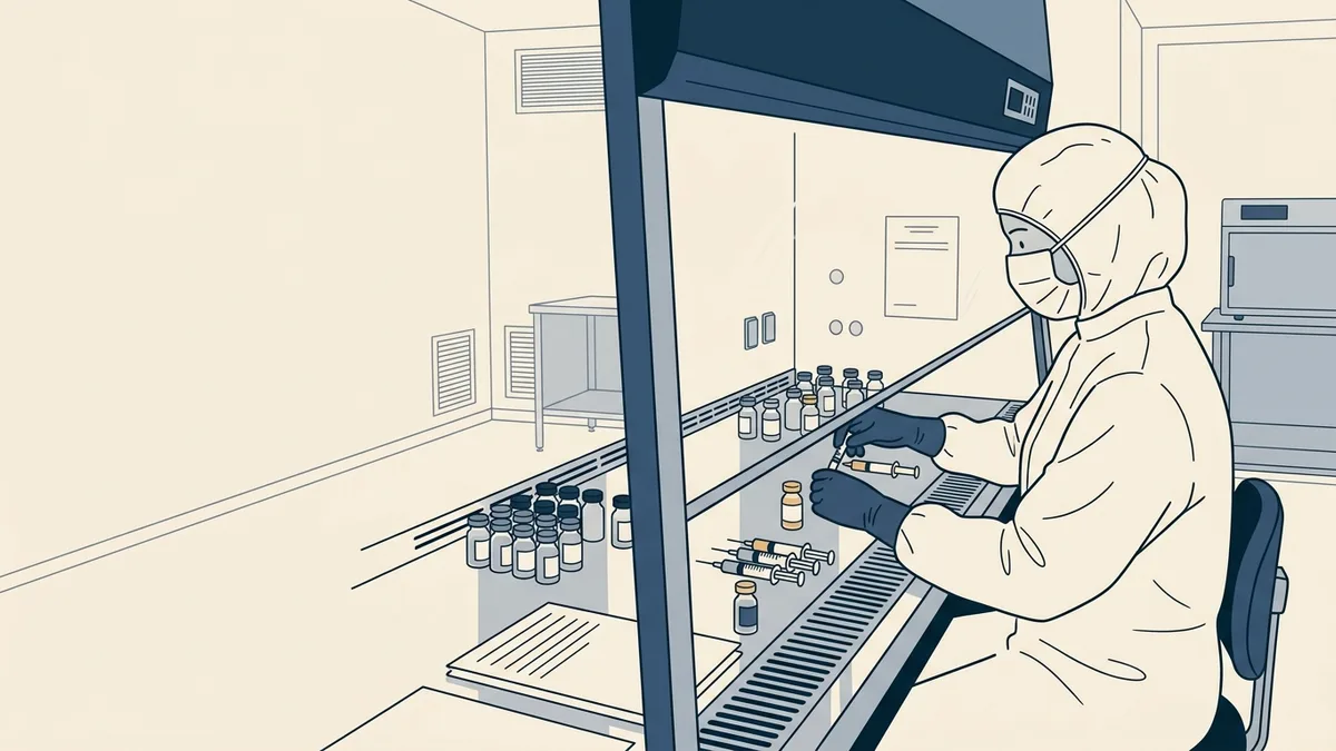 A compounding pharmacist in a cleanroom gown working at a sterile hood with vials and syringes.