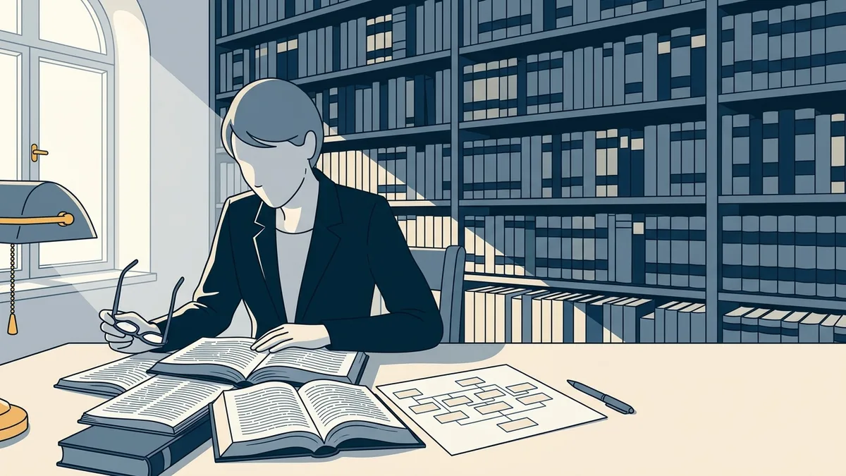 A healthcare attorney reviewing state statute books and a printed organizational chart at a law library table.