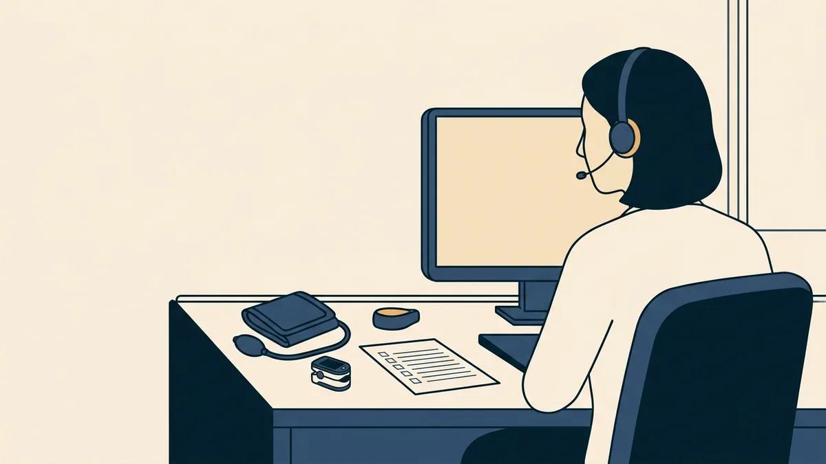 A care coordinator at a clinic workstation calling a remote monitoring patient, a blood pressure cuff and a pulse oximeter on the desk.