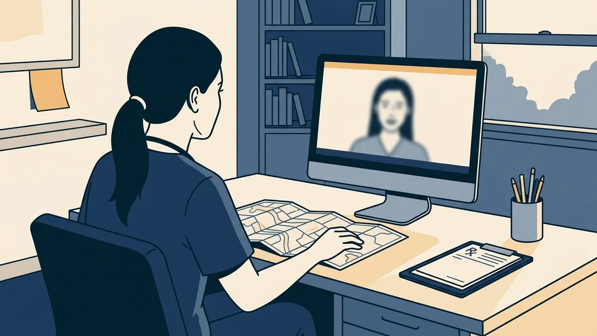 A nurse practitioner on a video visit from a home office, a prescription pad and a state map folded on the desk beside her.