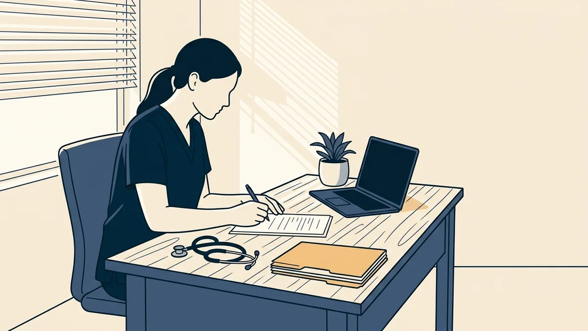A nurse practitioner at a desk preparing licensure paperwork, with a stethoscope and a stack of folders beside a closed laptop.