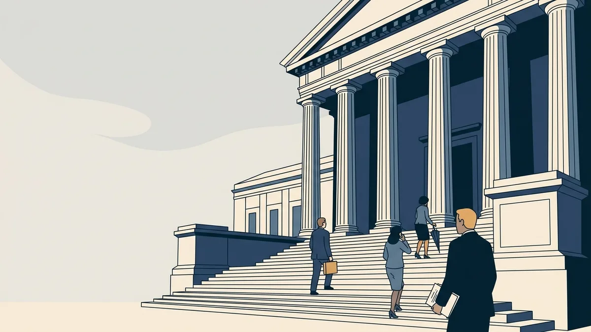 The exterior steps and columns of a federal courthouse on an overcast morning.