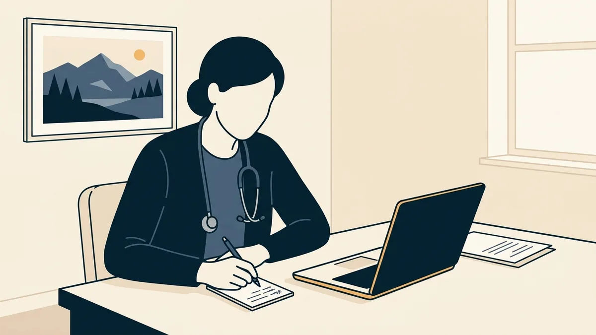 A family physician in a small clinic office taking notes during a first video visit with a new patient.