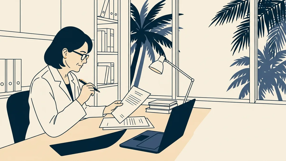 A physician reviewing a malpractice insurance certificate and a registration form at a desk in a bright office.