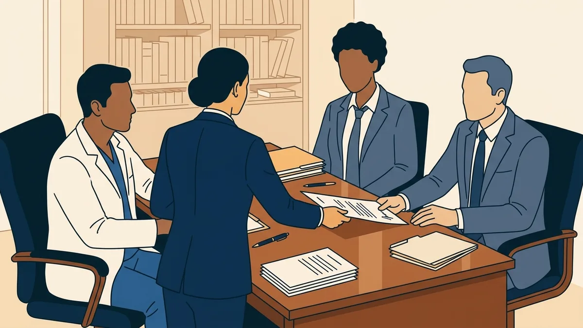A physician owner and a company executive signing documents across a desk with a healthcare attorney seated between them.