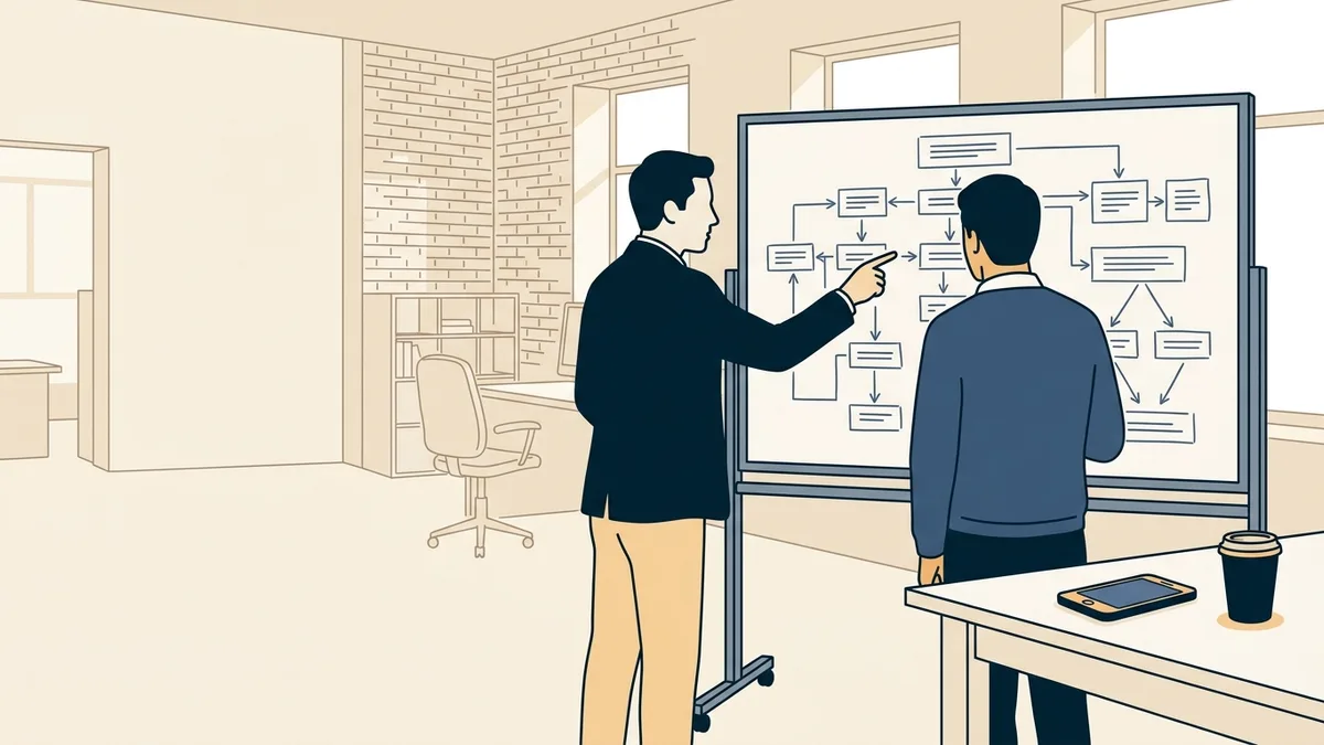 A product manager and an engineer at a whiteboard sketching the data flow of a health app, with a smartphone on the table.