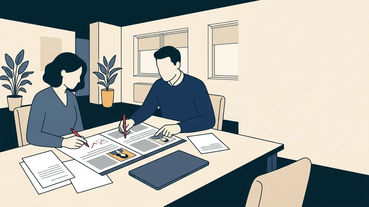A marketing manager and a compliance reviewer marking up printed web page proofs for a weight-loss telehealth program.