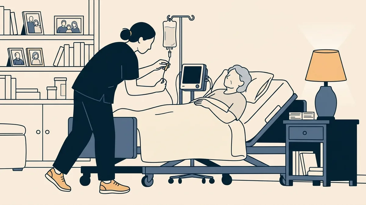 A registered nurse checking an IV line for an older patient resting in a hospital-style bed set up in a living room.