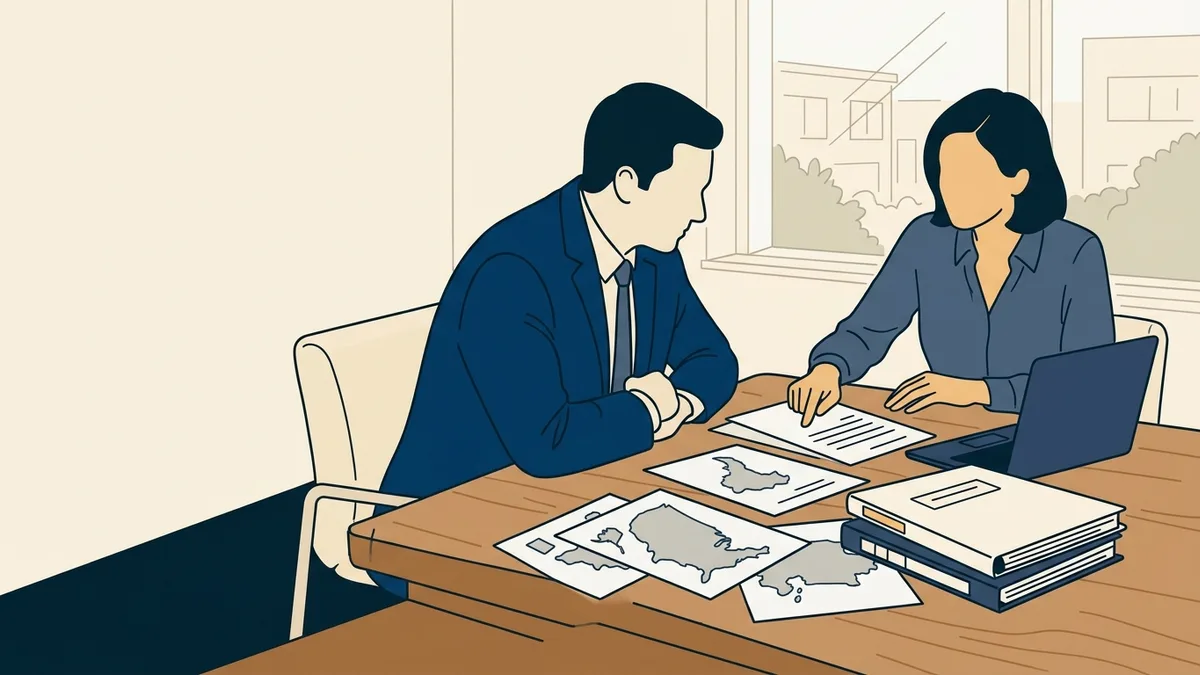 A medical director and an operations lead at a conference table reviewing printed state maps and a launch timeline before opening a telehealth service line.