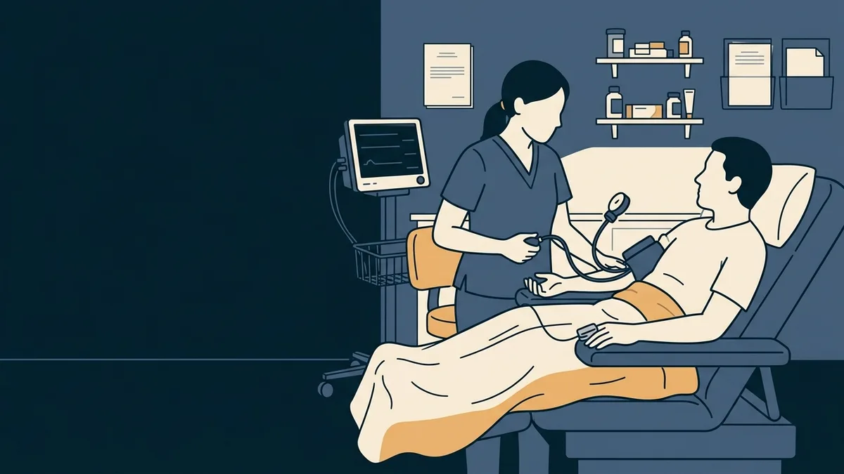 A nurse checking a seated patient's blood pressure in a calm treatment room with a reclining chair and dimmed lights.
