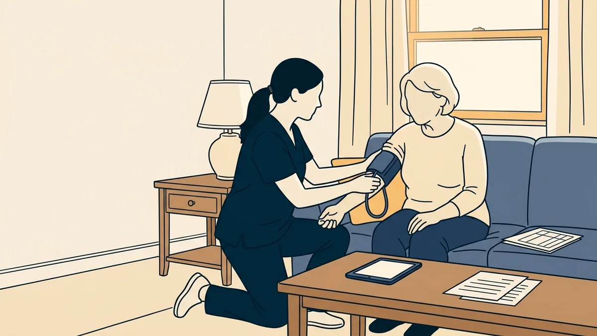 A community health center nurse helping a patient set up a blood pressure cuff at home during a telehealth visit.