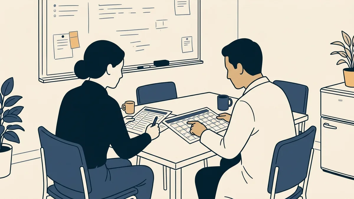 A practice manager and a physician reviewing printed schedules at a conference table in a small clinic.
