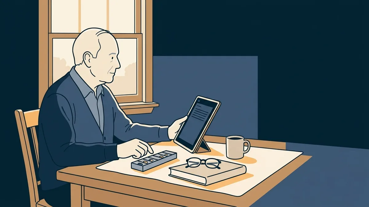 An older man at his kitchen table on a tablet video visit with his physician, a pill organizer and reading glasses beside him.