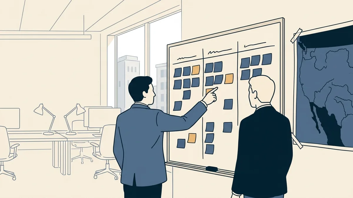 Two telehealth company founders standing at a whiteboard covered in colored sticky notes arranged in columns, planning which states to enter next.