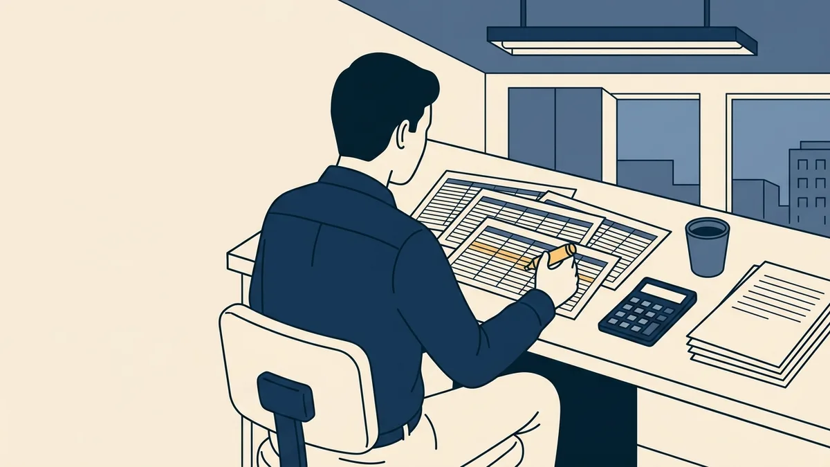 A compliance analyst at a desk with printed billing reports spread out and a highlighter, auditing remote monitoring claims.