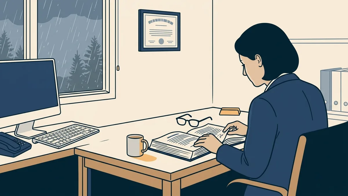 A physician practice owner reading a management agreement at a desk in a Portland clinic office with rain on the window.
