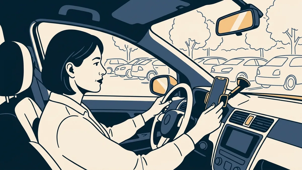 A patient sitting in a parked car with a phone on a dashboard mount, starting a video visit.