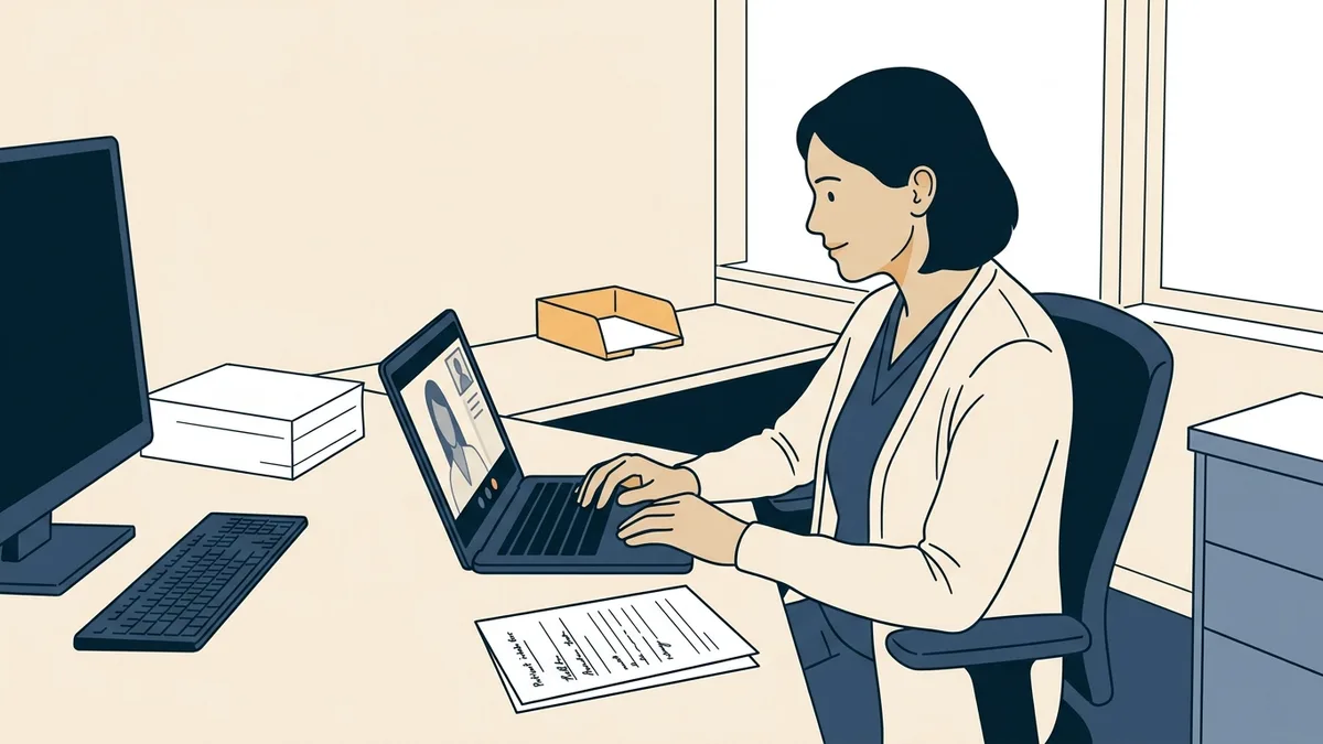 A clinician on a video call at a desk with a printed intake form beside the keyboard, listening to a patient.