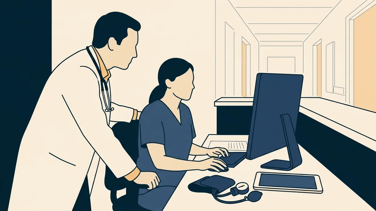 A physician and a practice-employed nurse reviewing remote monitoring readings together at a workstation in a primary care office.