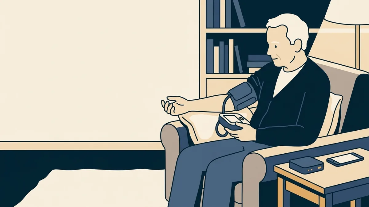 An older man at home taking his blood pressure with a cellular cuff while a care coordinator calls him on the phone.