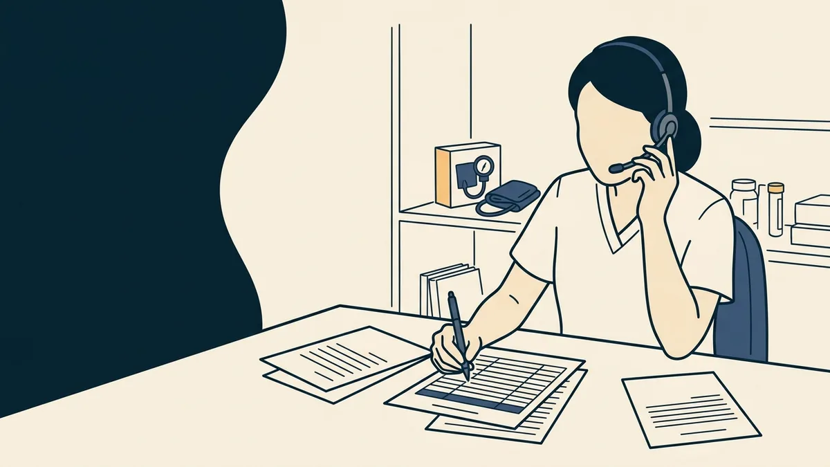 A nurse care coordinator at a desk calling a patient while reviewing a printed monthly readings log.