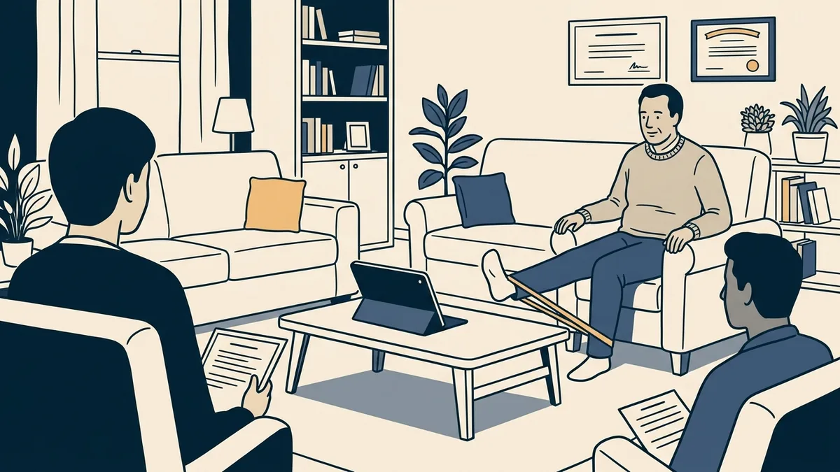 A physical therapist on a video call watching a patient perform a knee exercise at home with a resistance band.