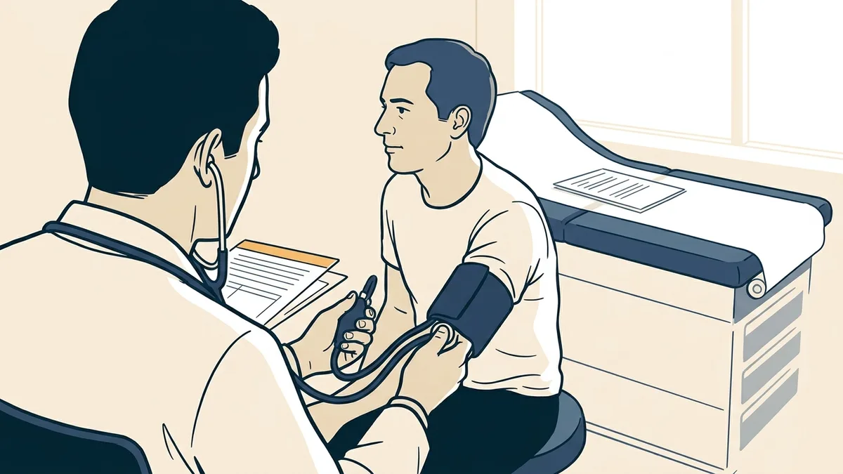 A physician examining a patient's blood pressure in a small exam room, both seated, a stethoscope around the physician's neck.