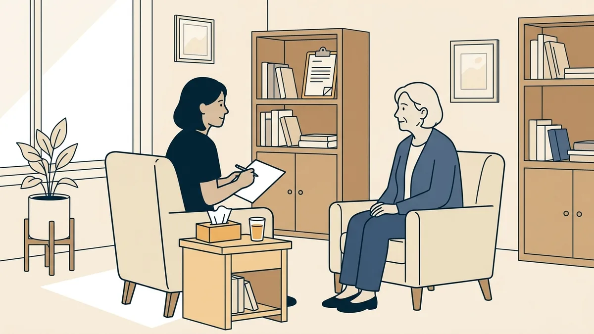A psychiatric nurse practitioner and an older patient talking in a quiet office with two armchairs and a small side table.