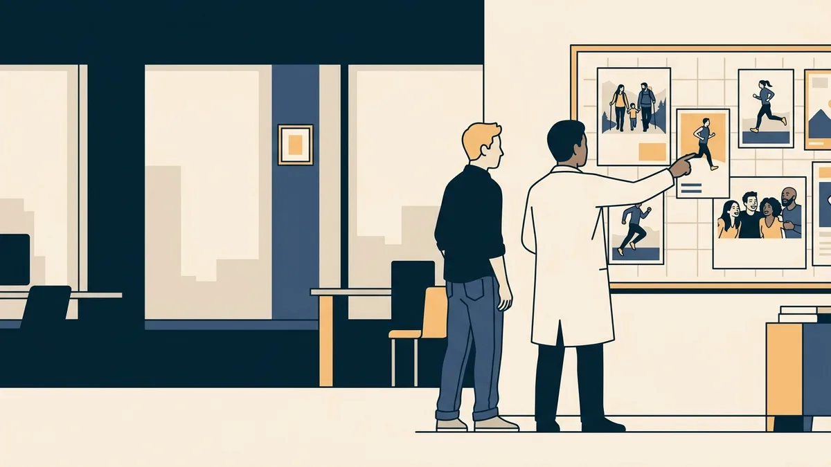 A creative director and a physician reviewer looking at printed ad layouts pinned to a corkboard.