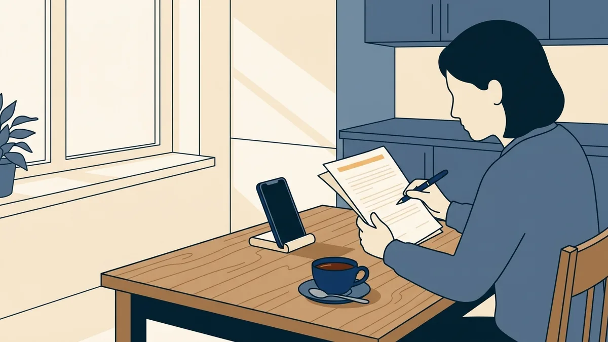 A patient at a kitchen table reading a printed consent document before a telehealth visit, a phone propped up nearby.