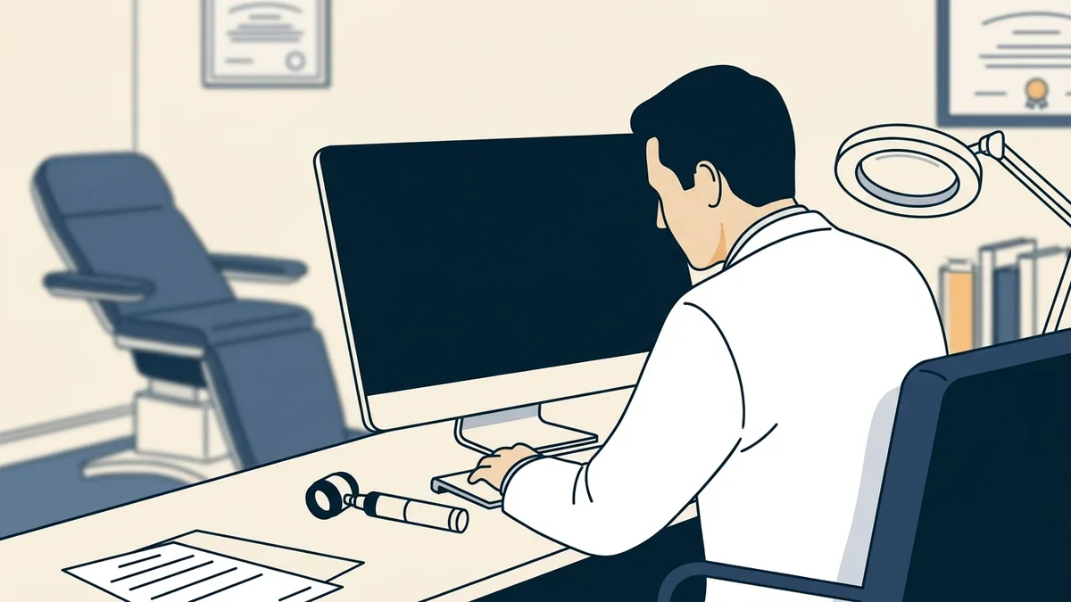 A dermatologist examining high-resolution photos of a skin lesion on a large monitor angled away from view, with a dermatoscope on the desk.