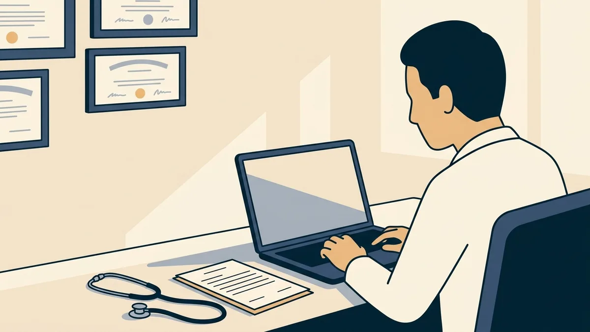 A family physician in a small-town clinic office holding a video follow-up visit with an older patient, a paper chart open on the desk.