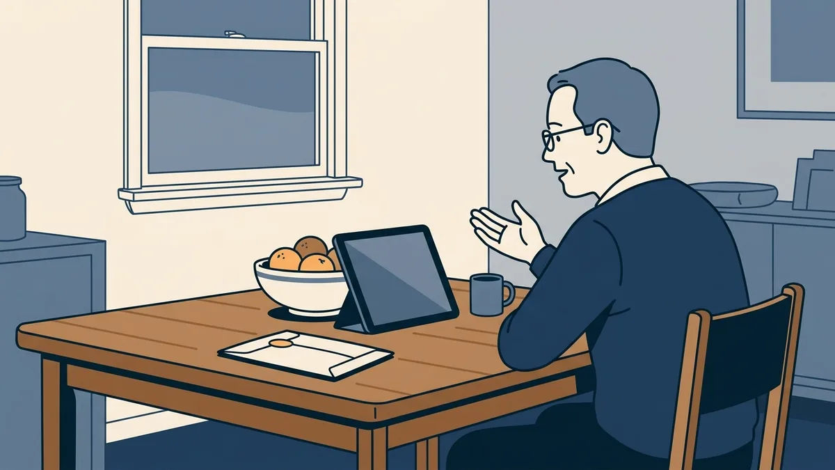 A middle-aged man at home on a video visit with a clinician, a lab requisition envelope on the table beside him.