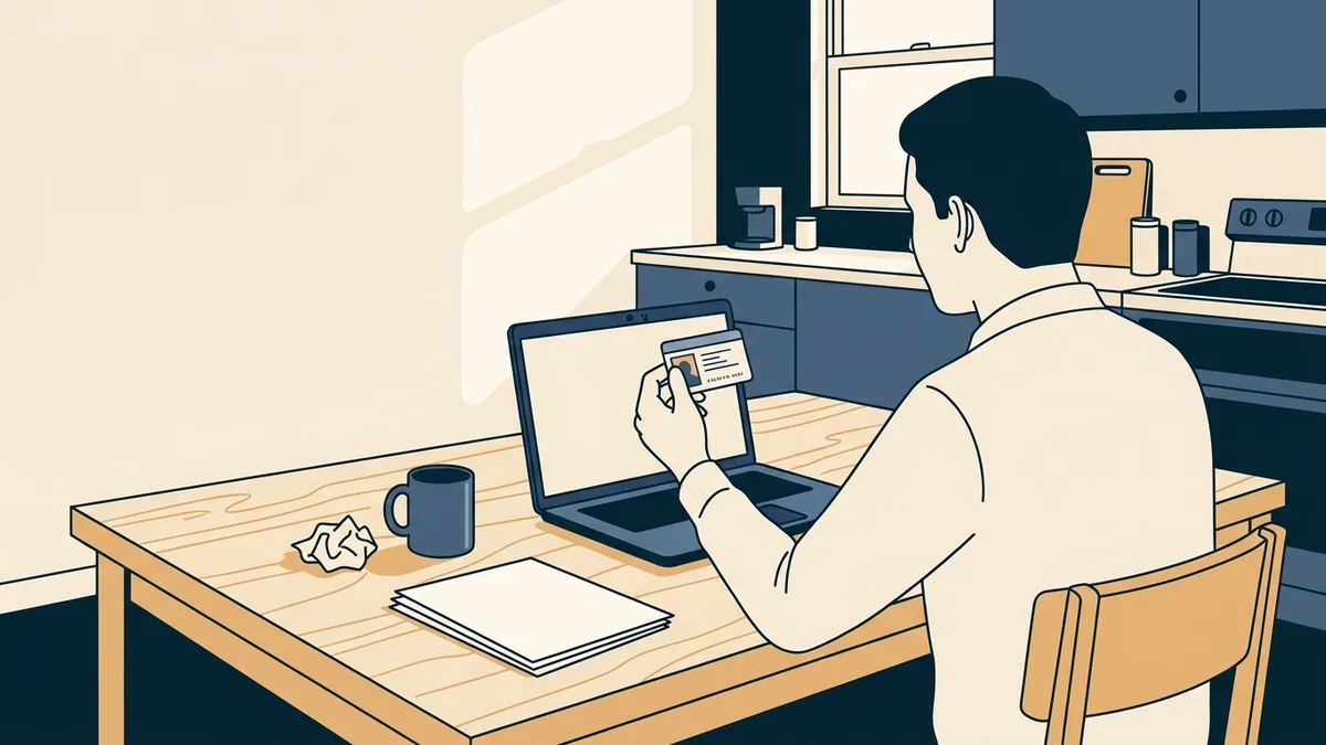 A patient at a kitchen table holding a driver's license up to a laptop camera during a telehealth intake call.