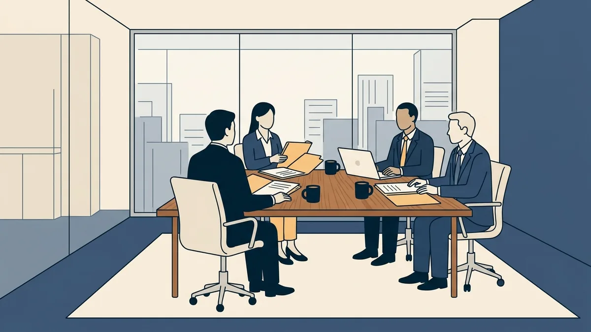 A telehealth founder and two investors seated at a boardroom table with document folders open between them.