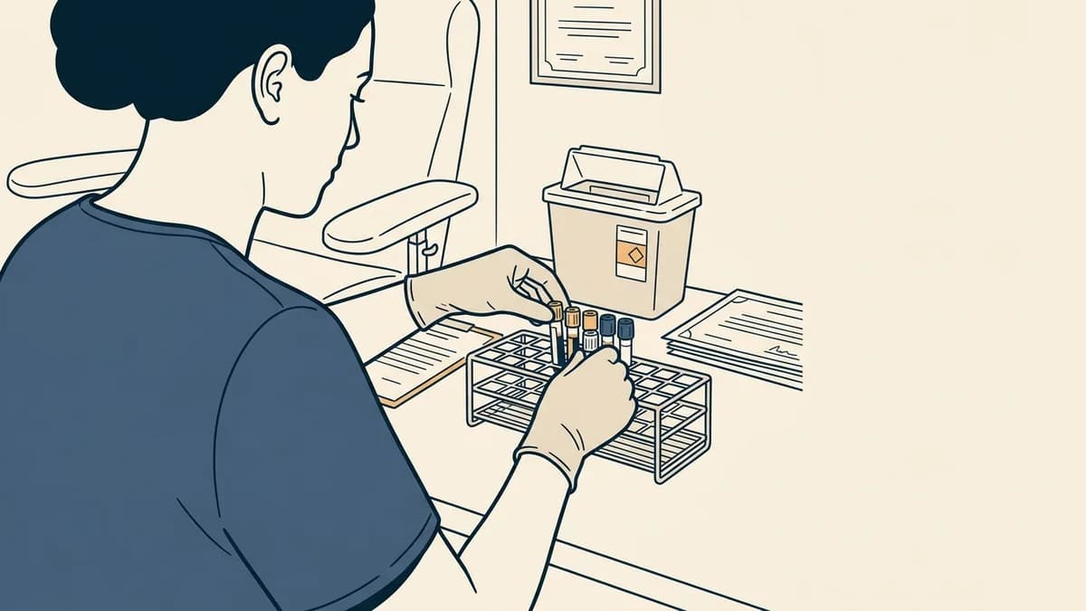 A phlebotomist labeling blood collection tubes at a patient service center draw station.
